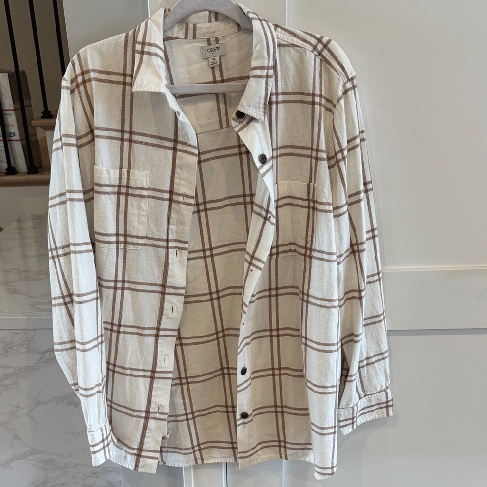J. Crew Flannel Cream and Brown Checkered Shirt